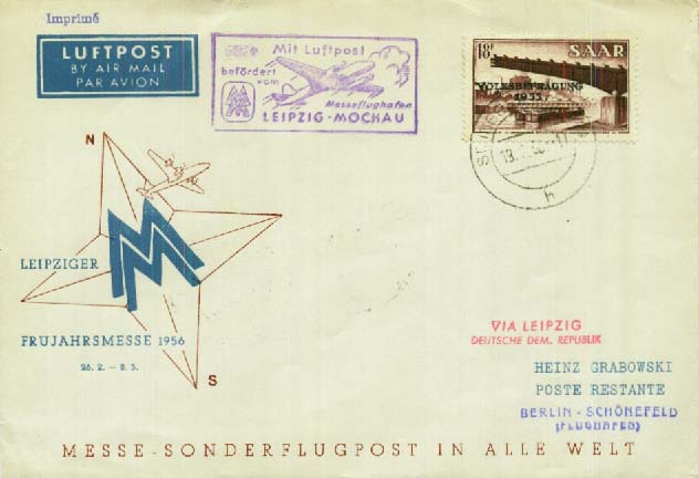 Leipzig spring fair 1956 special fair air mail service, mail from the ...