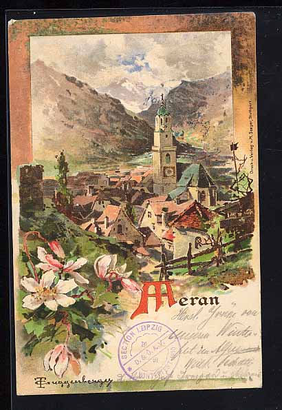 Meran,Südtirol. Farblithographie+Künstlerkarte mit Panorama und ...