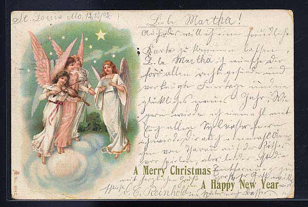 Farblithographie "amerikanische Weihnachtskarte" mit Panorama und ...