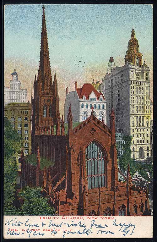 USA- New York mit Panorama und Ansicht Trinity Kirche- Farblicht ...