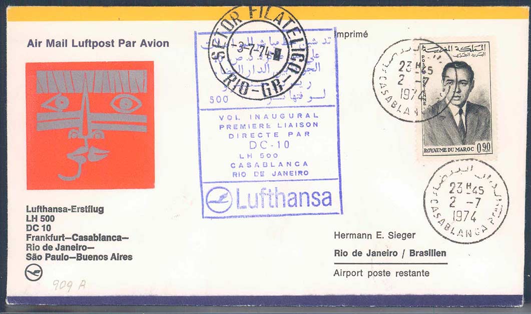 Lufthansa Erstflugbeleg 1974. Details siehe Abbildung.
