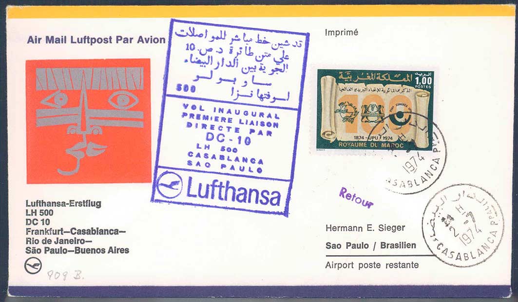 Lufthansa Erstflugbeleg 1974. Details siehe Abbildung.
