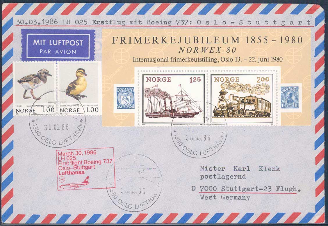 Lufthansa Erstflugbeleg 1986. Details siehe Abbildung.