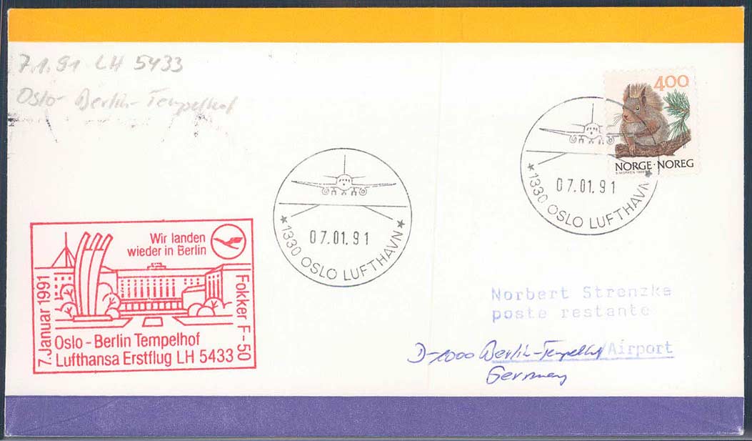 Lufthansa Erstflugbeleg 1991. Details siehe Abbildung.