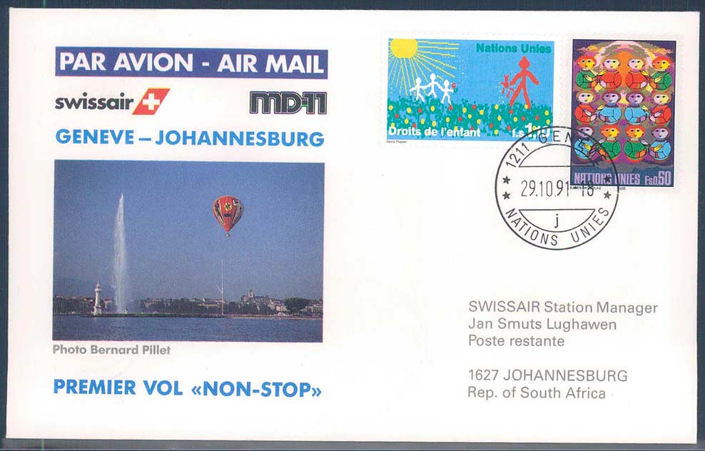 Beleg UNO Genf, , Erstflug.  Motiv: Luftfahrt,Flugpost,Swiss Air.  ...
