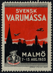 Advertisement vignette "Svensk Varumässa Malmö 1932", perforated.
