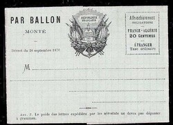 France 1870. Ballon Monte unused preprinted folded letter for sue ...