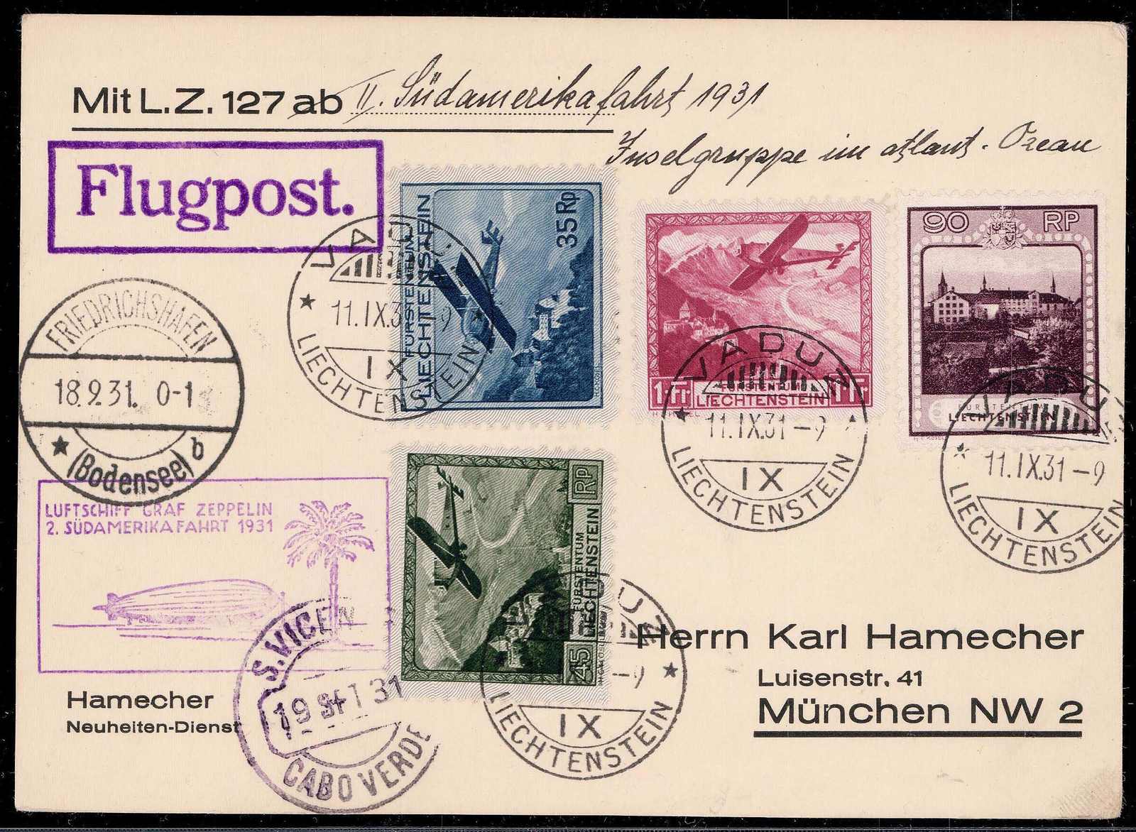 Luftschiff Graf Zeppelin, 2. Südamerikafahrt, 11.9.1931, Postkarte ...