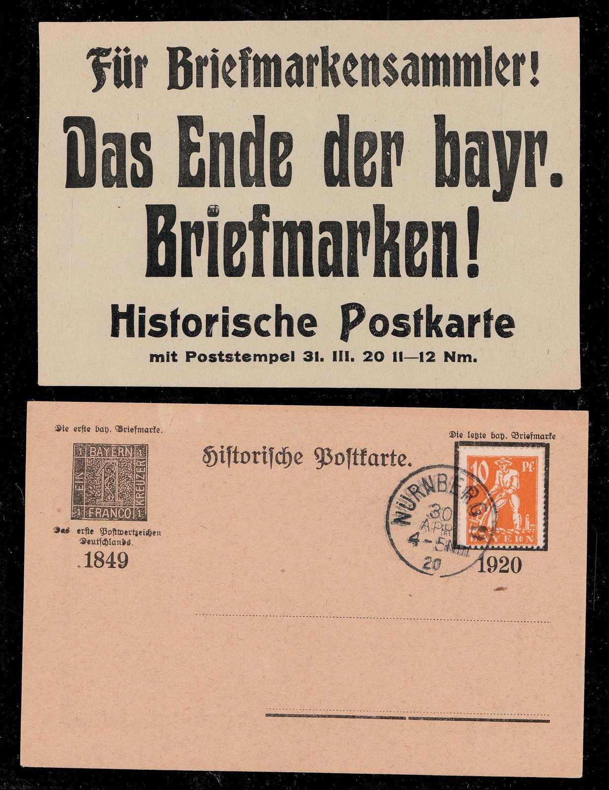 Das Ende der bayerischen Briefmarke 1920. Postkarte mit Traueranzeige ...