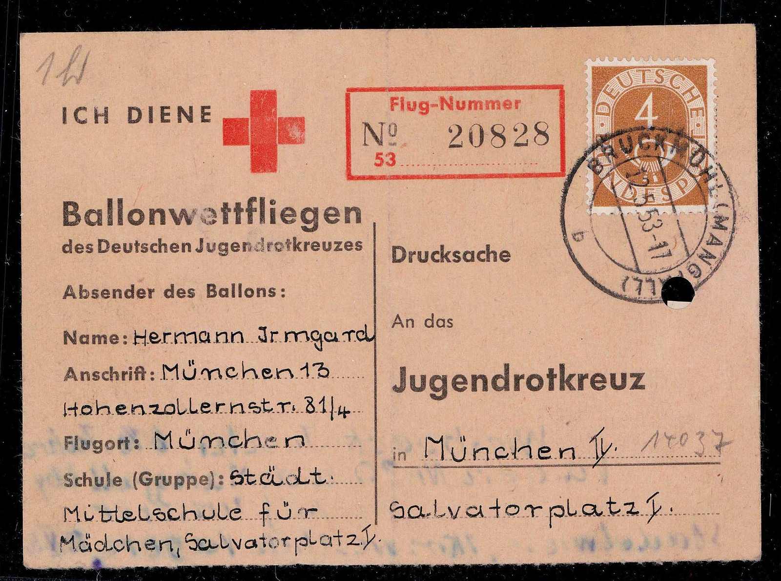 Bruckmühl 12.5.1953, Ballonpostkarte des Wettfliegen des Deutschen ...