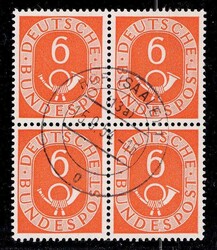 6Pf Posthorn, sauber gestempelter Viererblock