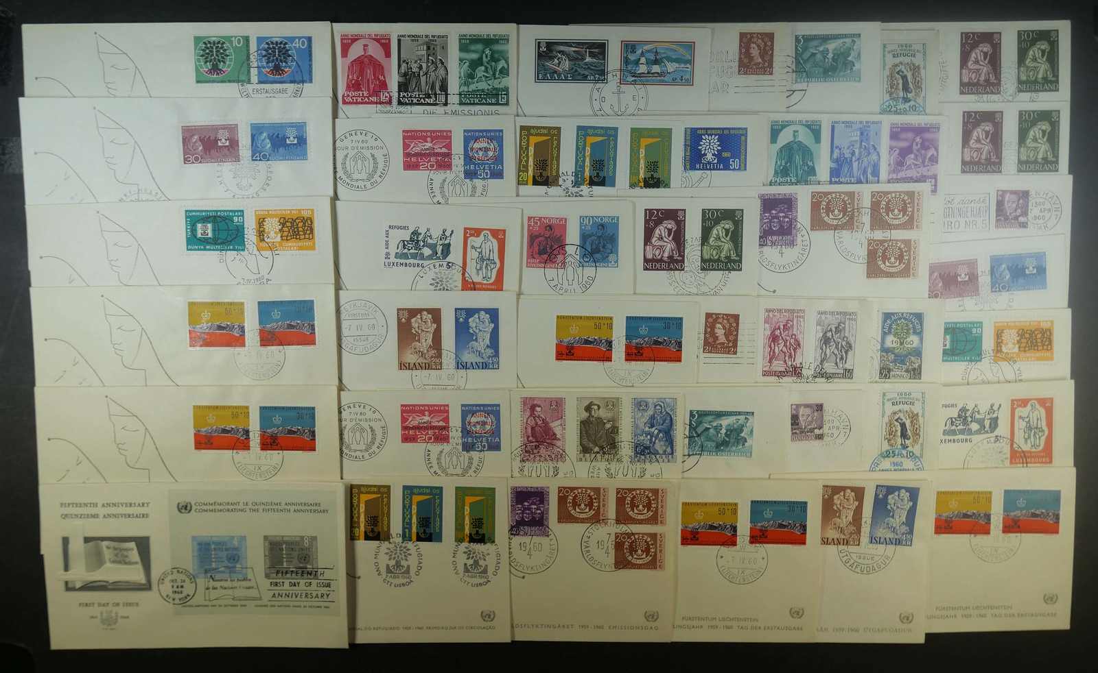 Weltflüchtlingsjahr 1959/60 circa 40 FDC aus verschiedenen Ländern.