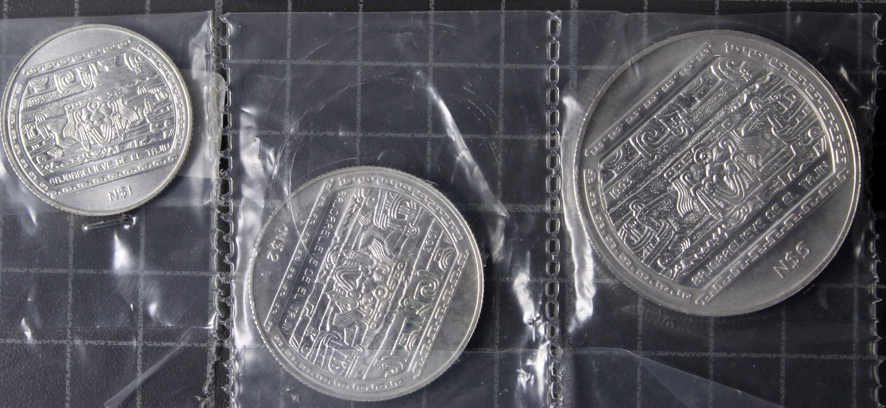 1993 Silberunzen-Set 1-5 Neu-Pesos Relief v. Tajin, 1/4, 1/2 & 1 Unze