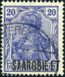 20 Pf (dkl´)violettblau m. extrem seltenem Aufdruckfehler "SAARGBIE ...