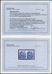 75 Pf dkl´ultramarin im ungez. waag. Probedruck, li. Marke ungebr. ...