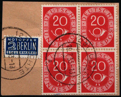 20 Pf Posthorn im zentr. gestempelten 4er-Bl. a. sauberen Briefst