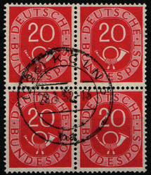 20 Pf Posthorn im zentr. gestempelten 4-er Block