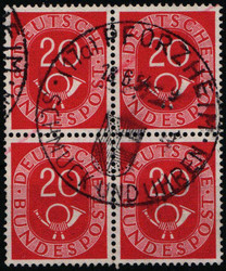 20 Pf Posthorn im zentr. gestempelten 4-er Block m. SST