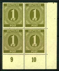 1 RM Ziffer m. steigendem Wz., Eck-4er-Bl. re. u., postfr. Pracht  ...