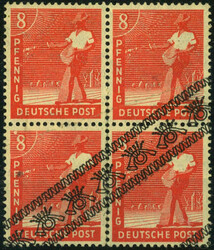 8 Pf Bandaufdr., 4er-Bl. m. interessantem Aufdr.-Fehler über drei ...