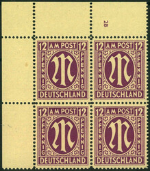 12 Pf AM-Post englischer Druck gute Type, 4er-Bl. li.o.Ecke m. Pl.-Nr ...