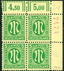 5 Pf AM-Post, zweitbeste Type im 4er-Bl. re.o.Ecke (übl. postalisch ...