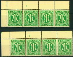 5 Pf AM-Post waagr. 4er-Streifen li.o.Ecke m. Pl.-Nr. 3C bzw. 3D, je ...