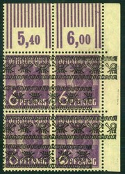 6 Pf Bandaufdruck im 4er-Bl. re.o.Ecke Walze m. doppeltem Aufdruck, ...