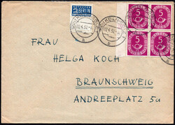 5 Pf Posthorn im 4er-Bl. v. li.Rand m. neg. Druckerzeichen ...