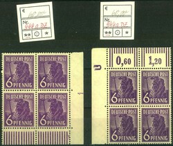6 Pf dkl´violett im Eckrand-4er-Bl. m. pos. bzw. neg. DZ "1", je ...