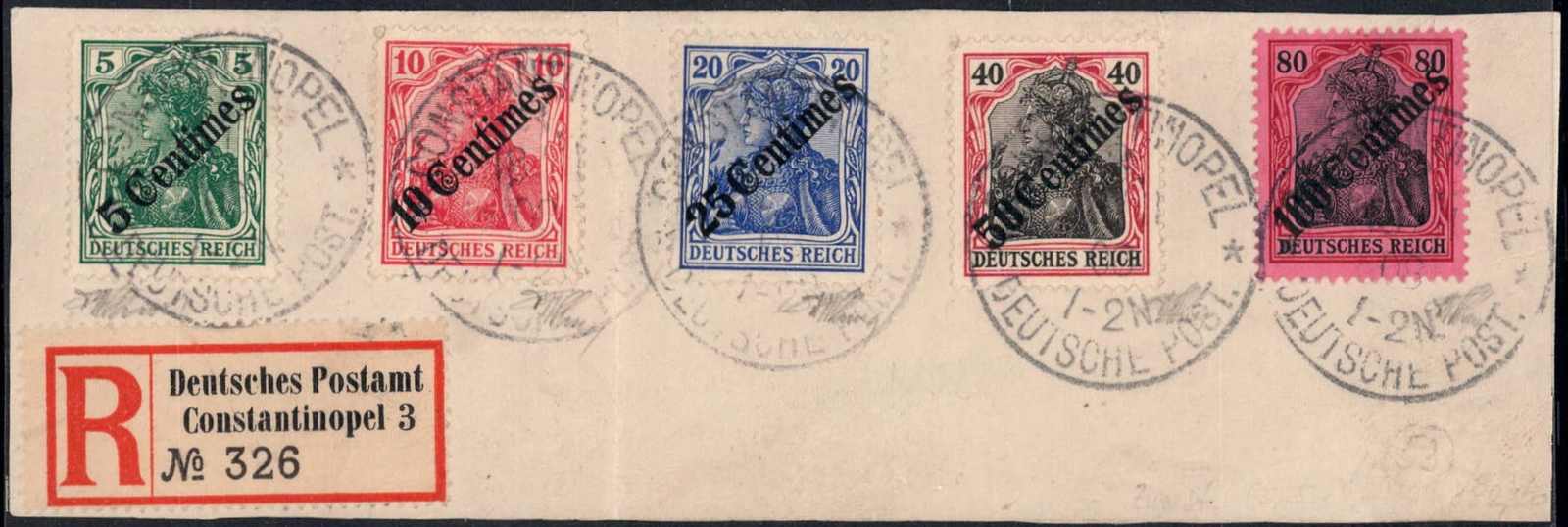 1908 Diagonalaufdruck kpl. a. Luxus-Bfstck. CONSTANTINOPEL 3 m. ...
