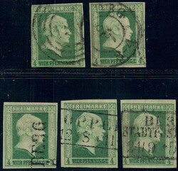 4 Pf grün a. weiß, 5 Exemplare m. versch. Stpl.-Formen Nr.-Stpl., ...