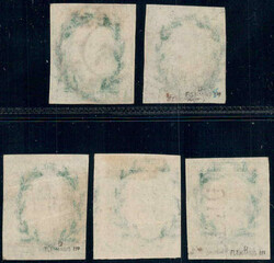 4 Pf grün a. weiß, 5 Exemplare m. versch. Stpl.-Formen Nr.-Stpl., ...