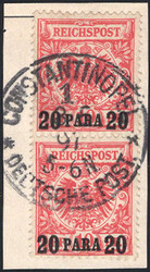 20 PA a. 10 Pf mittelkarminrot im senkr. Paar a. Luxus-Bfstck. m. ...