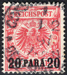 20 PA a. 10 Pf mittelkarminrot. zentr. rundgest. Pracht, tiefst gepr. ...