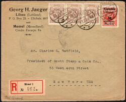 10 M hellbraun im waagr. 3er-Streifen m. Mi. 138 a. R-Bf. v. Memel n. ...