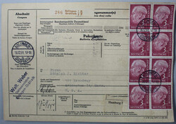 3 DM Heuss I im senkr. 8er-Bl. m. rücks. ZuF a. portoger. Paketkarte ...