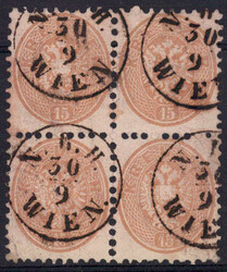 15 Kr Doppeladler im 4er-Bl. (nur unten 4 Zähne angetrennt), 4x ...