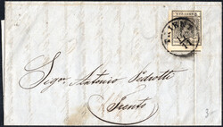 2 Kr schwarz voll- bis riesenrandig (senkr. Brieffaltung durch Marke) ...