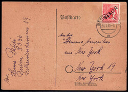 30 Pf Schwarzaufdruck, portoger. EF a. Auslands-PK v. Berlin n. N.Y., ...