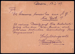 30 Pf Schwarzaufdruck, portoger. EF a. Auslands-PK v. Berlin n. N.Y., ...