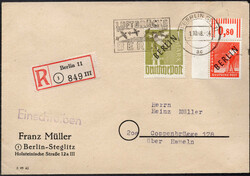 1 M Schwarzaufdruck m. 8 Pf SD li.o.Ecke Walze, portoger. MiF a. R.Bf ...