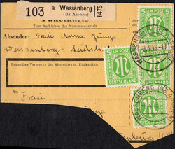 5 Pf AM-Post 12x m. 60 Pf beids. a. Paketkartenausschnitt m. ...
