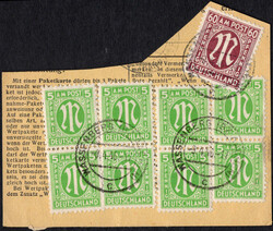 5 Pf AM-Post 12x m. 60 Pf beids. a. Paketkartenausschnitt m. ...