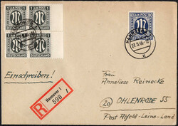 80 Pf AM-Post m. 4er-Bl. 1 Pf a. portoger. R-Bf. v. Hannover n. ...