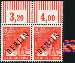 8 Pf Schwarzaufdruck im waagr. OR-Paar Walze m. seltenem PF "R ...