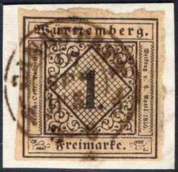 1 Kr schwarz a. altelfenbein, vollrandiges Luxus-Bfstck. CANNSTATT, ...