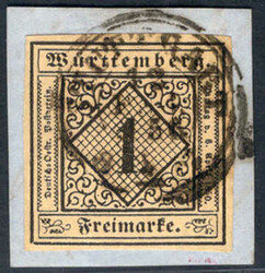 1 Kr schwarz a. altelfenbein, vollrandiges Luxus-Bfstck. STUTTGART, ...