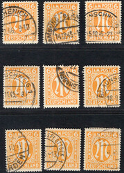 6 Pf AM-Post in allen 9 Typen, rundgestpl. Luxus, alle tiefst gepr. ...