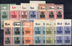 1920 Germania-Überdruck, alle 12 Wte. im 4er-Bl. v. OR Platte bzw. ...